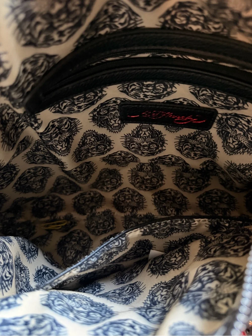 Ed Hardy Beige Canvas Hobo with Black Trim and Multicolor Skull Floral Design